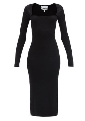 Square-Neck Ribbed-Knit Midi Dress from Ganni