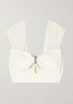 Crystal Embellished Bow-Detailed Crepe Cropped Top