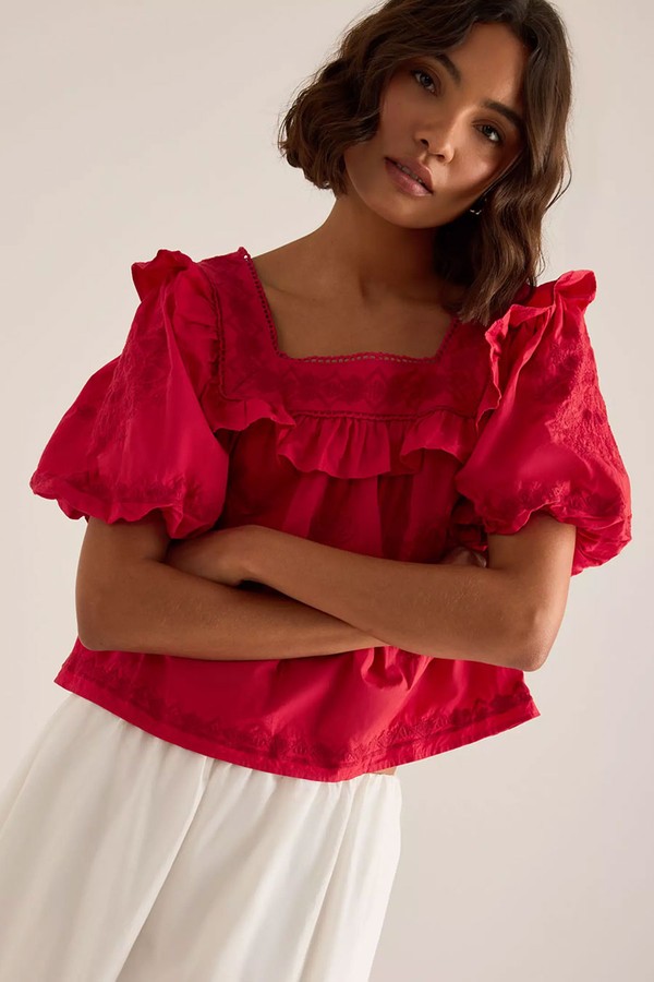 Ruffle Puff-Sleeve Embroidered Blouse from By Anthropologie