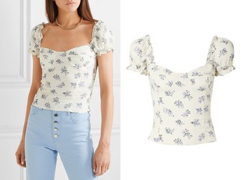 Jewel Cropped Shirred Floral-Print Crepe Top from Reformation