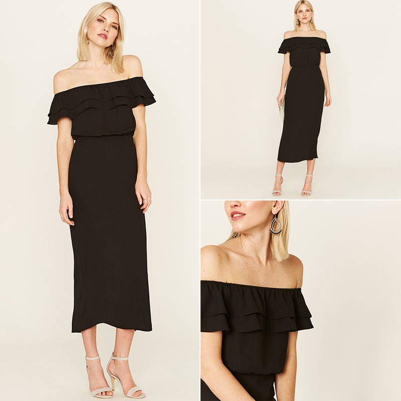 Long Bardot Midi Dress In Black 