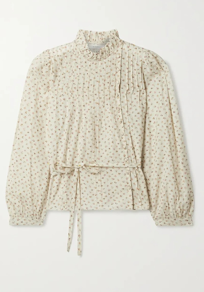 Palmera Belted Pintucked Floral-Print Voile Blouse from Dôen 