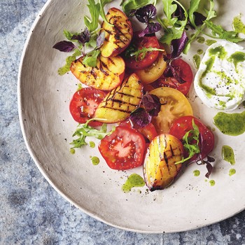 Tomato & Chargrilled Peach Salad With Buffalo Mozzarella & Basil-Oil Dressing 