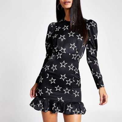 Black Star Print Ruched Mini Dress