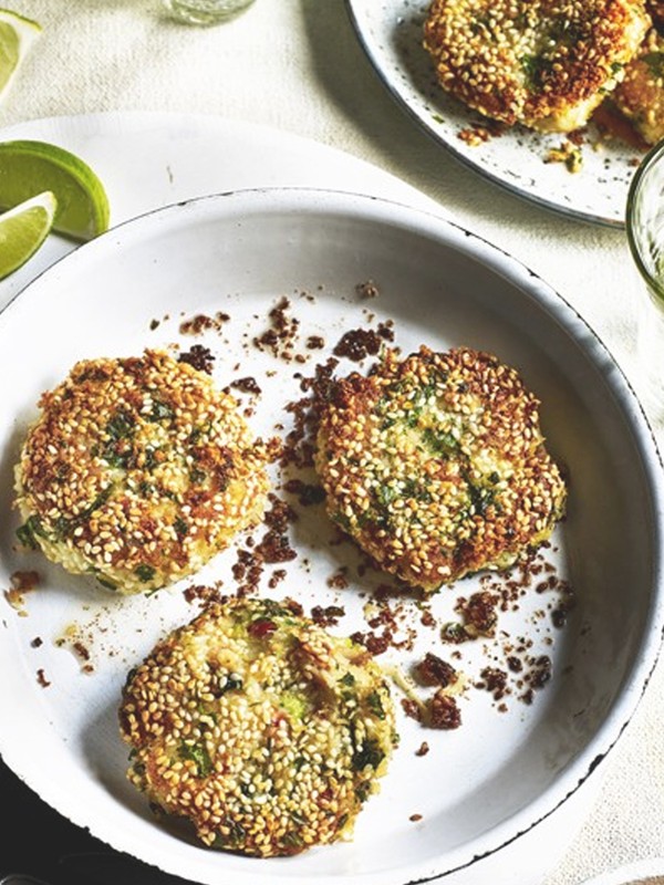 Asian Spiced Potato Crab Cakes With Rainbow Slaw