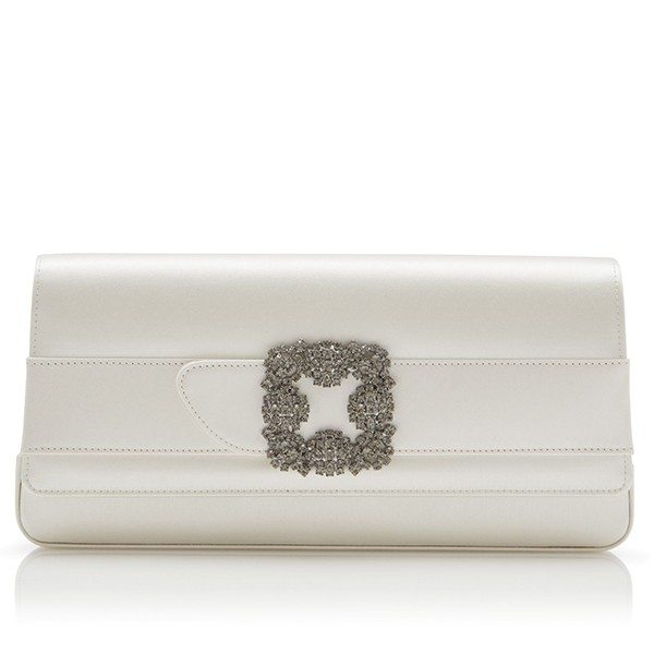 Light Cream Satin Jewel Buckle Clutch from Manolo Blahnik