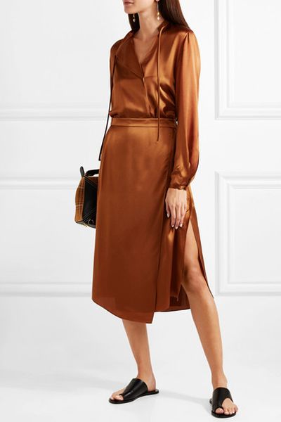 Asymmetric Wrap-Effect Silk-Satin Skirt from Vince