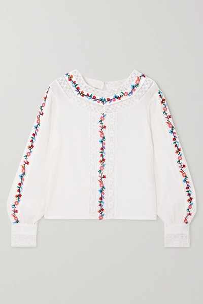 Rachel Cropped Lace-Paneled Embroidered Cotton-Blend Blouse from Rixo