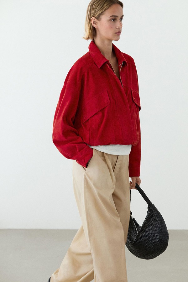 Suede Leather Bomber Jacket With Pocket Details from Massimo Dutti