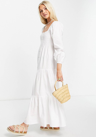 Cotton Square Neck Shirred Bodice Button Through Maxi Dress from ASOS Design