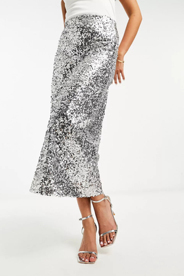 Sequin Bias Midi Skirt In Silver from ASOS