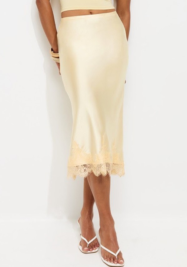 Satin Scalloped Lace Hem Midi Skirt* 