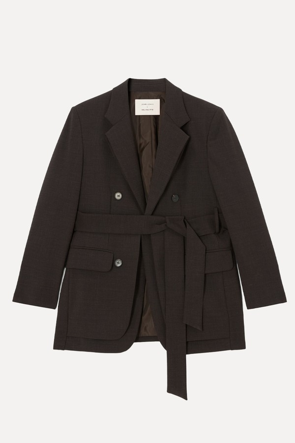 Slim Fit Double Layer Wool Blend Belted Blazer