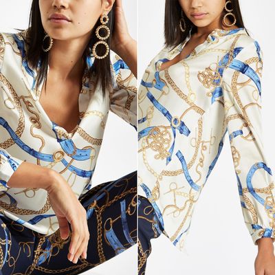 Cream Chain Print Split Back Blouse