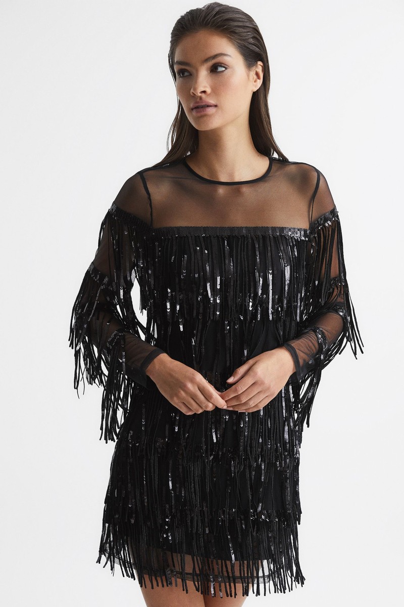 Josephine Fringe Sequin Sheer Mini Dress from Reiss