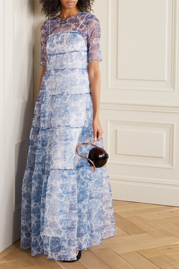 Hyacinth Tiered Printed Crinkled-Organza Maxi Dress from Staud
