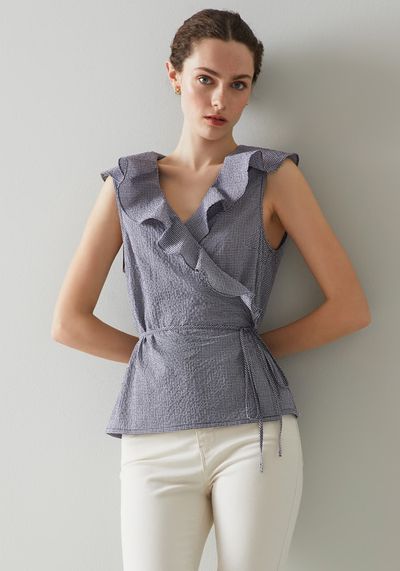 Nimes Gingham Frill Detail Wrap Top
