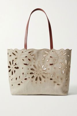Kamilla Large Leather-Trimmed Broderie Anglaise Linen Tote from Chloé
