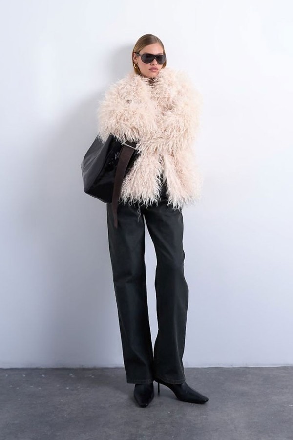 Mongolian Faux Fur Funnel Neck Mid Length Coat from Topshop