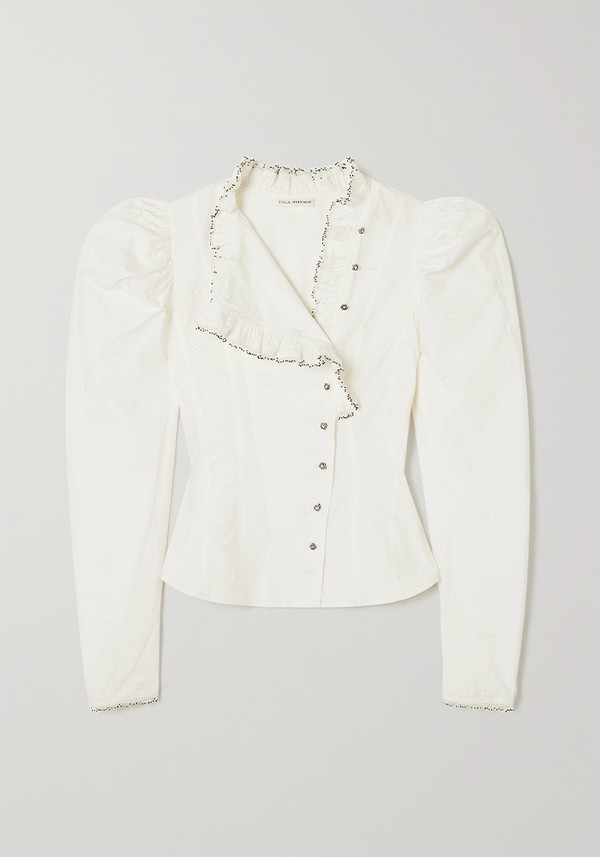 Lamont Bead-Embellished Embroidered Cotton-Poplin Blouse from Ulla Johnston