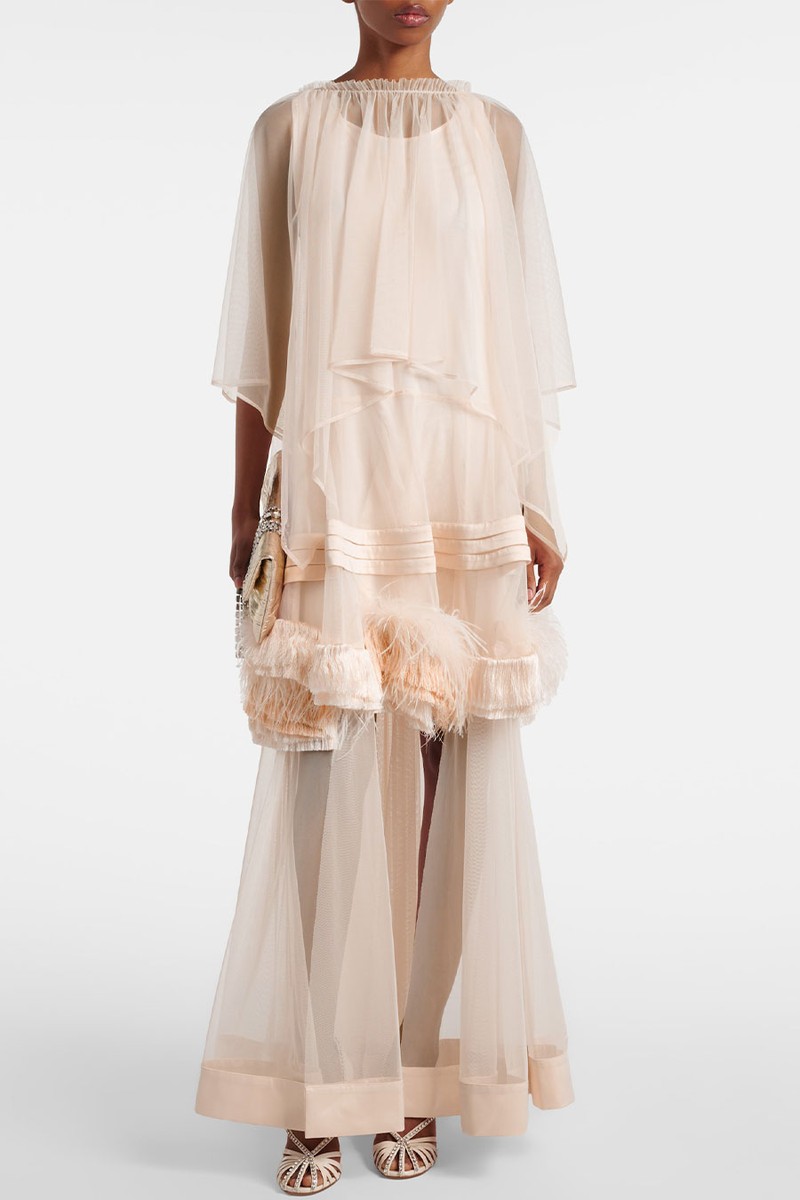 Feather-Trimmed Ruffled Tulle Gown from Xu ZHi