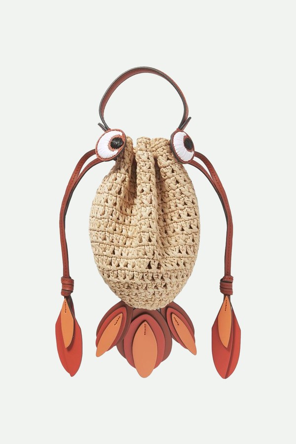 Goldfish Leather-Trimmed Embroidered Raffia Shoulder Bag from Anya Hindmarch