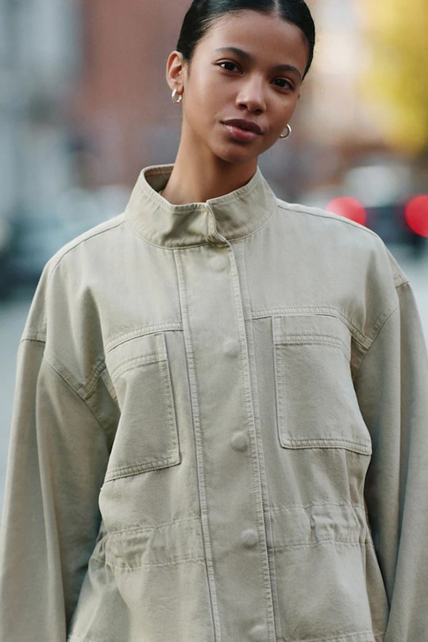 Denim Funnel Neck Zip Through Drawstring Jacket