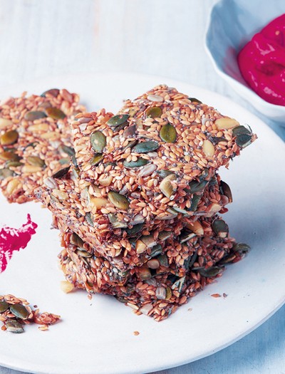 Chia Seed Crackers With Beetroot & Garlic Dip