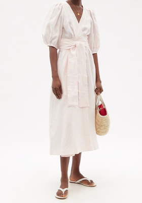 Fiona Puff-Sleeve Linen Midi Wrap Dress