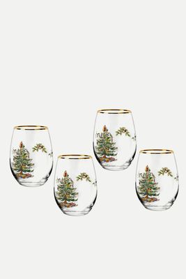 Christmas Tree Set of 4 Stemless Wine Glasses