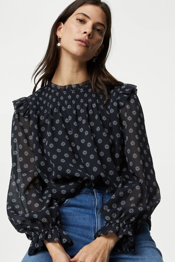 Floral High Neck Shirred Blouse