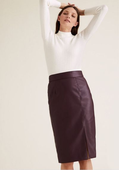 Faux Leather Side Split Pencil Skirt