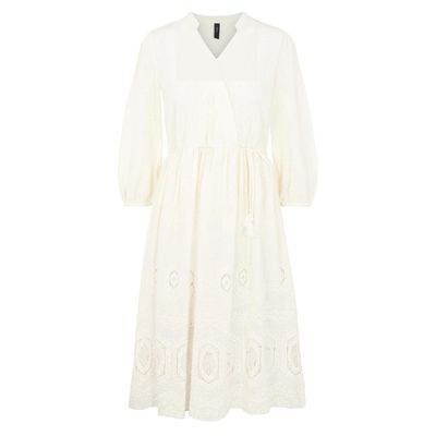 Cotton Embroidered V-Neck Midi Smock Dress