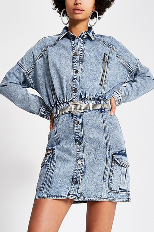 Blue Diamante Belted Mini Denim Dress from River Island