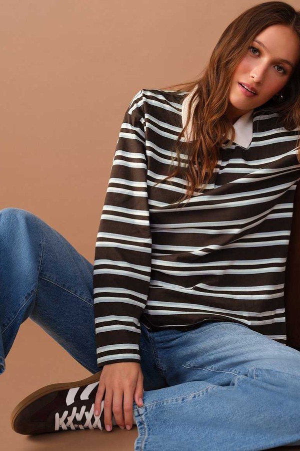 Striped Long Sleeve Stripe Rugby Polo Top