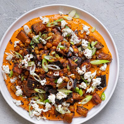 Roasted Aubergine & Chickpea Salad With Harissa Cream