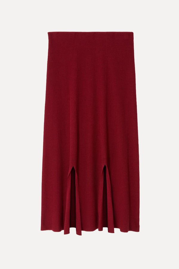 Merino Wool Blend Rib Knit Split Detail Midi Skirt