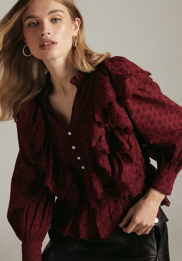 Cotton Embroidery Ruffle Woven Shirt