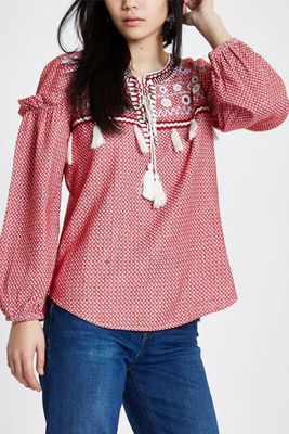 Lace- Up Front Print Smock Top