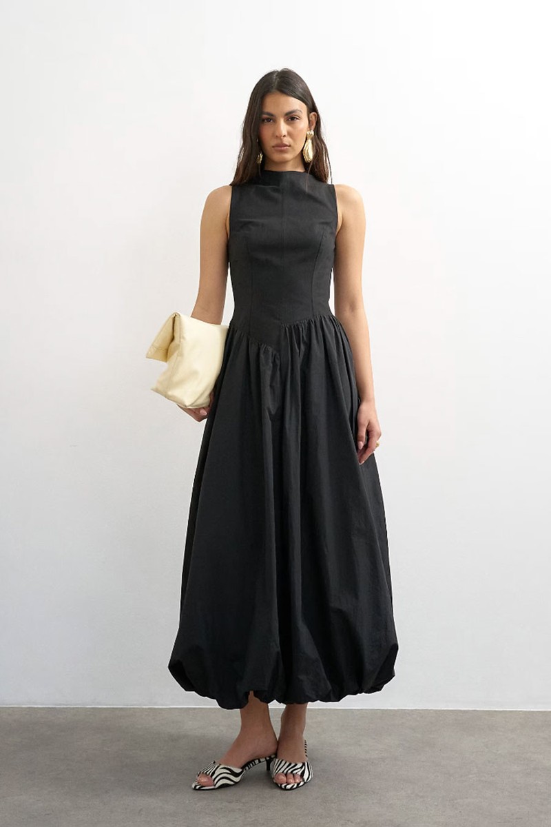 High Neck Asymmetric Waist Bubble Hem Maxi Dress