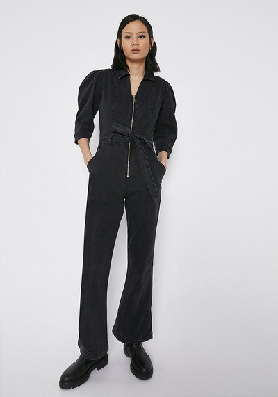  Zip Front Washed Black Denim Jumpsuit