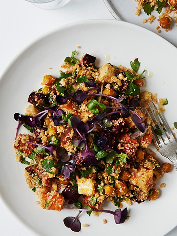 Warm Cauliflower Couscous Salad With Roasted Roots, Hazelnuts & Crispy Spiced Chickpeas