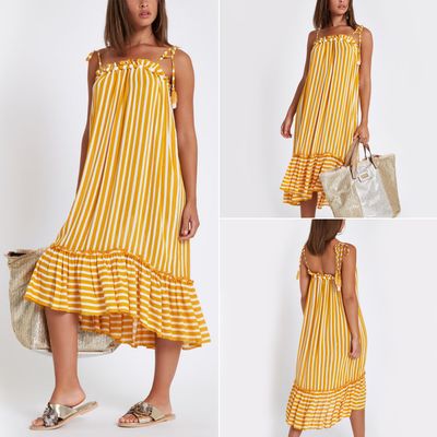 Yellow Stripe Pom Pom Beach Dress