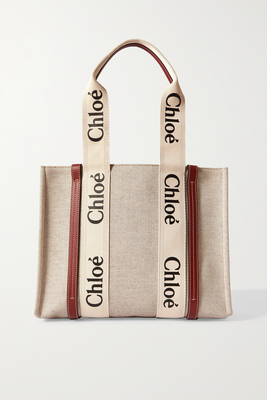Woody Medium Leather-Trimmed Cotton-Canvas Tote from Chloé