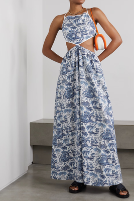 Myla Halterneck Cutout Printed Cotton-Blend Poplin Maxi Dress from Staud