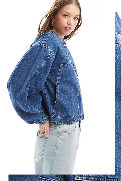 Collarless Denim Jacket With Balloon Sleeve  from asos