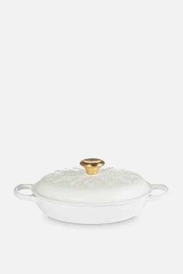 Cast Iron Shallow Casserole with Gold Knob and Snowflakes Relief