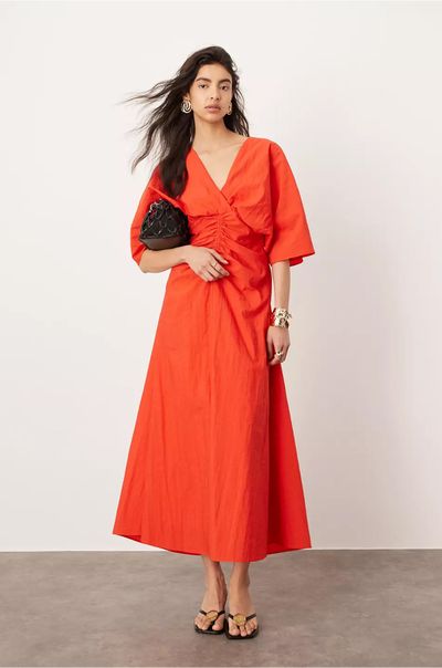 Textured Wide Sleeve Midi Dress With Ruched Waist, £110