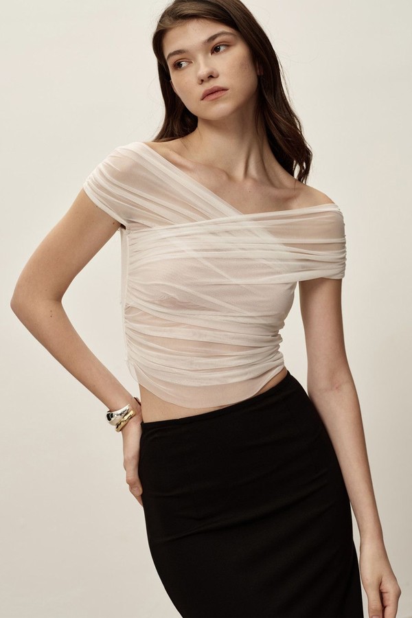 One Shoulder Pleated Mesh T-Shirt from SIJIASUDIO