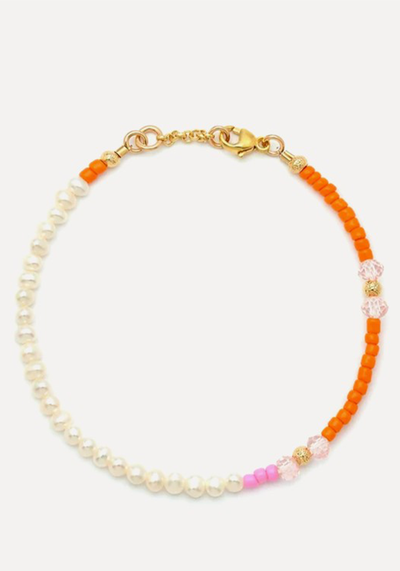 Freshwater Pearl, Orange & Crystal Beads 